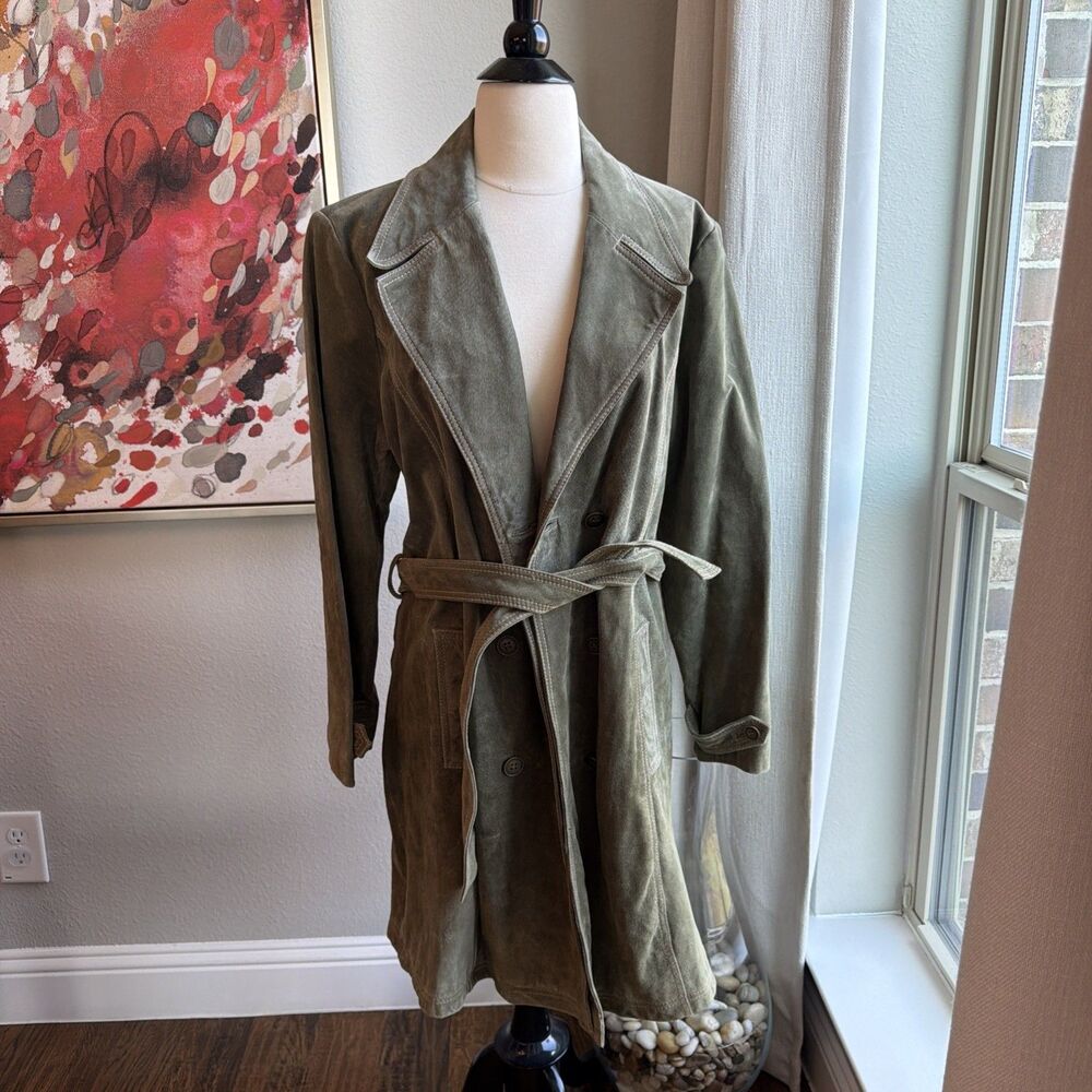 Wilsons Leather Maxima Olive Green Khaki Suede Long Trench Coat Sz XL Jacket